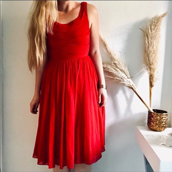 NEW ANTHROPOLOGIE Moulienette Souers Red Gracia Rouched Midi Silk Peplum Dress 2 - Picture 1 of 9